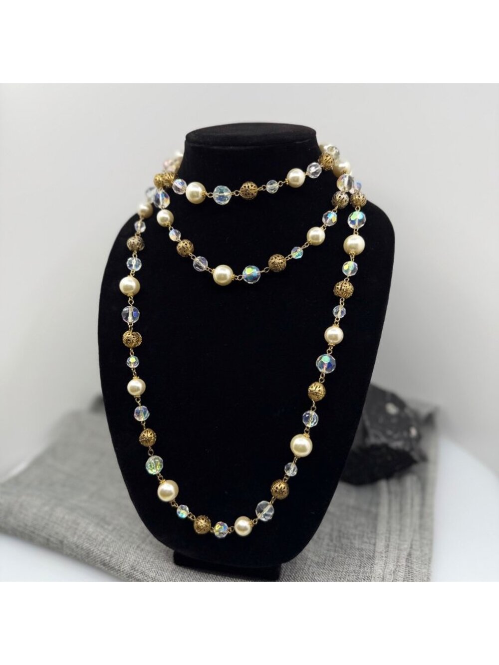 Stunning Vintage 61” Opera Length Faux Pearl & Aurora Borealis Crystal Necklace